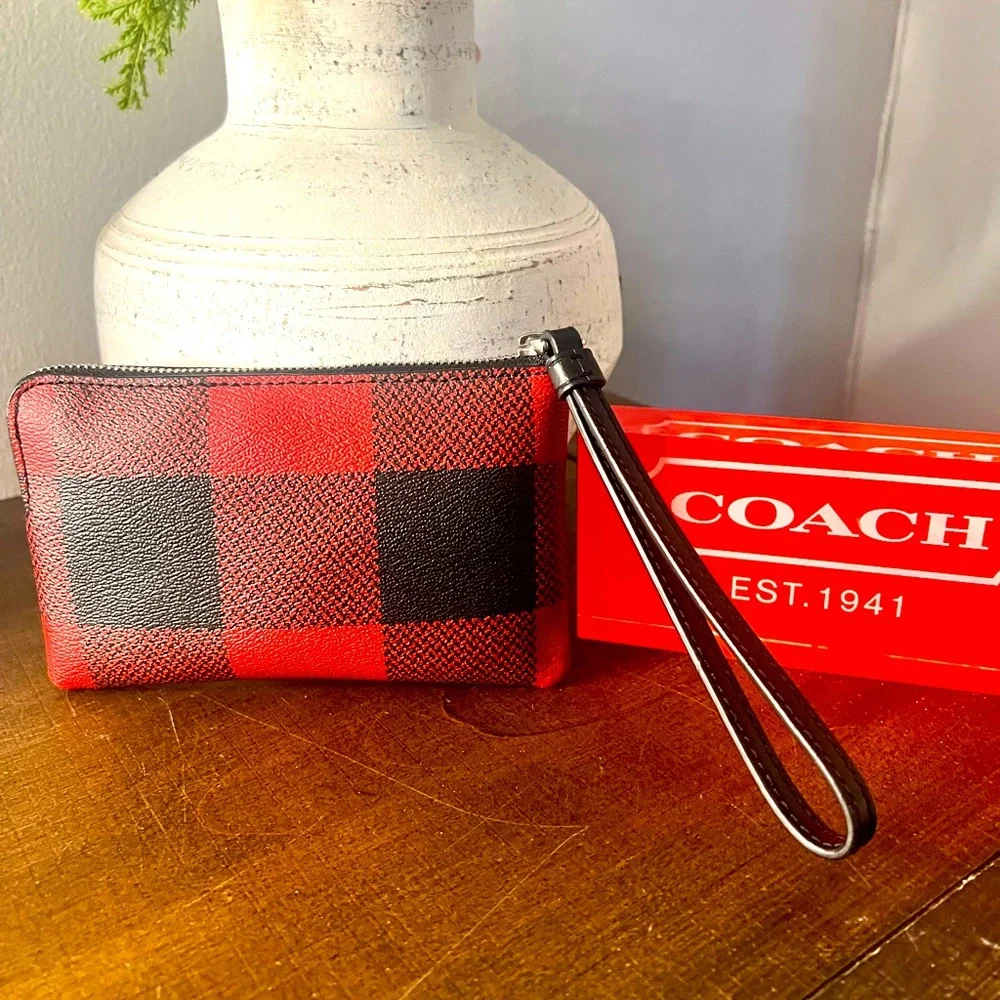 COACH Buffalo Plaid Corner Zip Wristlet